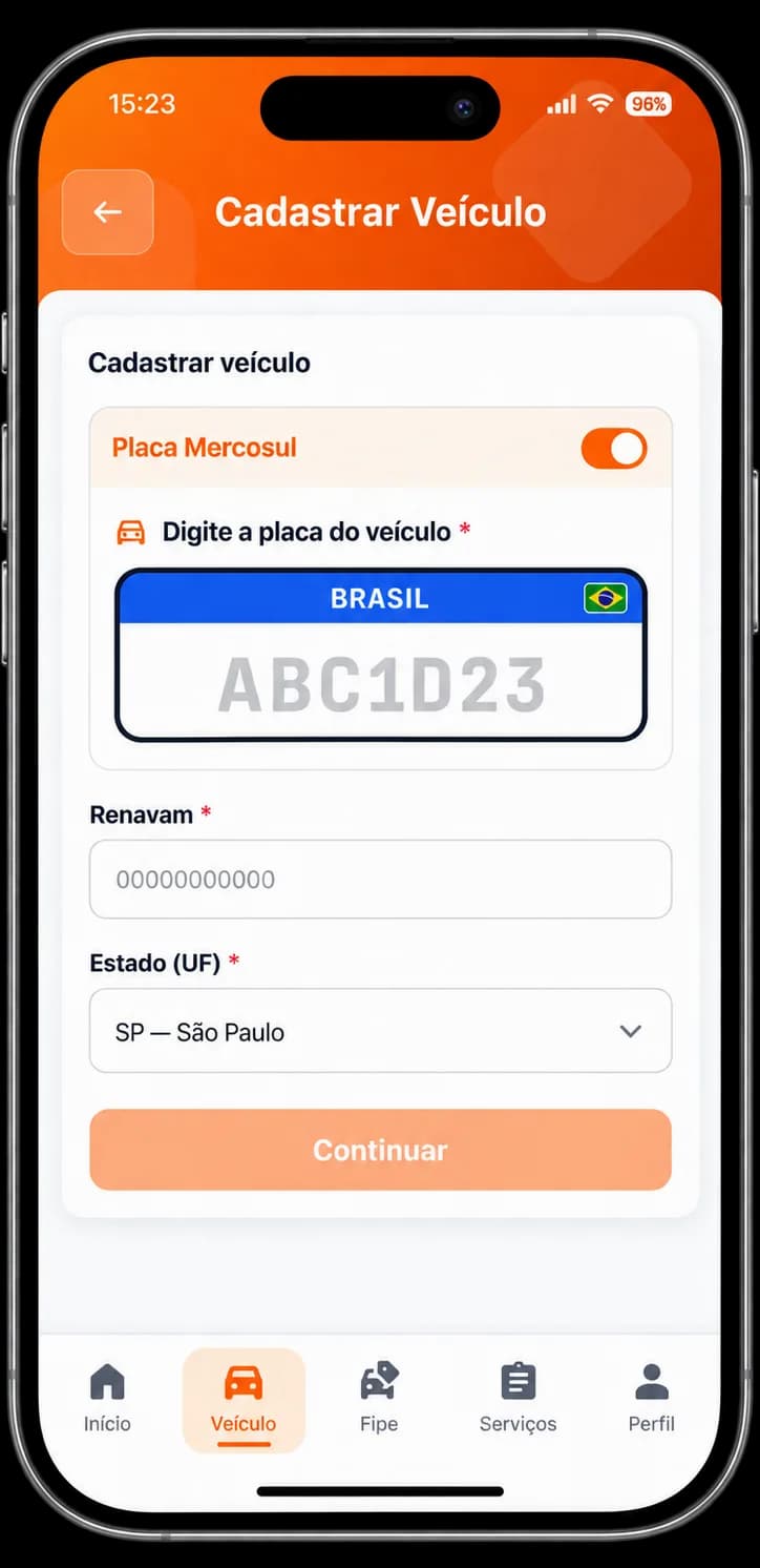 Tela de cadastro de veículo do app YouDesp, com o campo da placa Mercosul, o campo de RENAVAM e a seleção do estado.