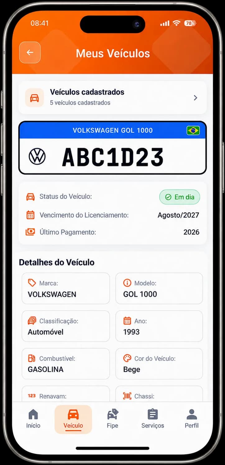 Tela "Meus Veículos" do app YouDesp com a placa do veículo selecionado, o status do licenciamento e os detalhes de marca, modelo, ano e combustível.